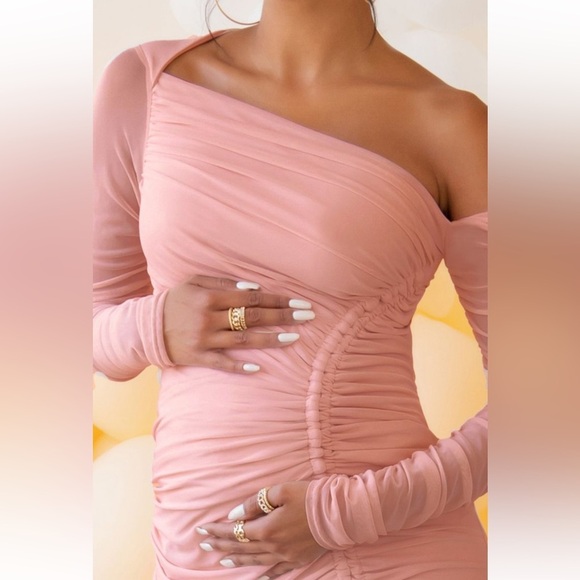 NEW! CLUB L LONDON Blush Pink Maternity Asymmetric Ruched Maxi Dress US 10/UK 14 - Picture 2 of 15